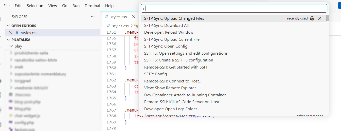 Экран моего sftp клиента для vscode